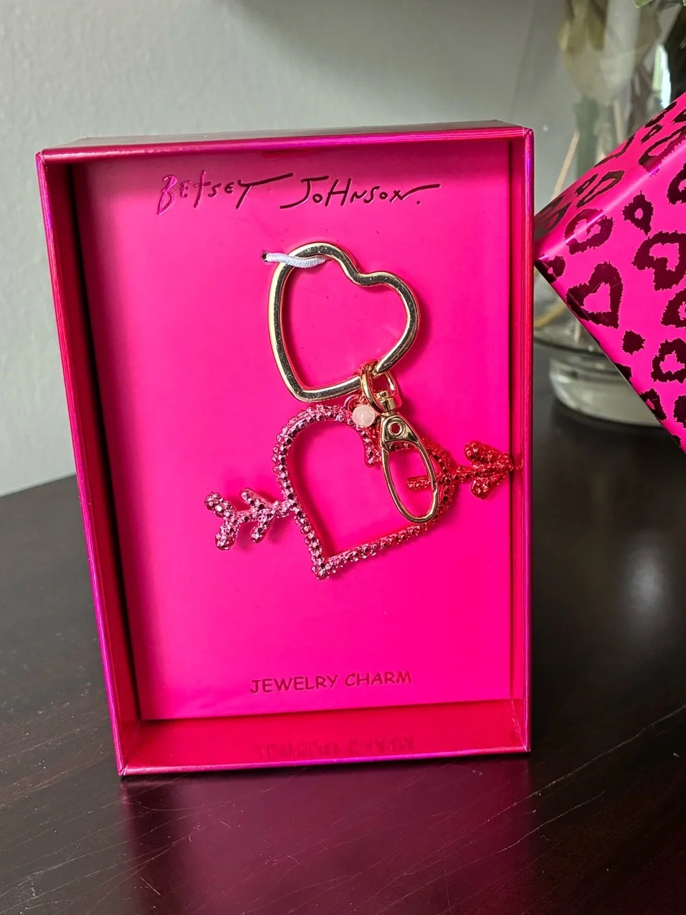 Betsey Johnson Hot Pink Heart Arrow Key & Card Holder Charm with Gold Accents